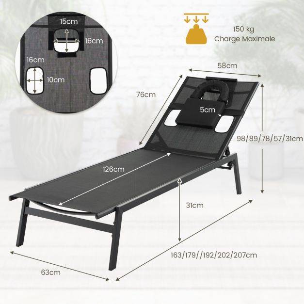 Helloshop26 - Chaise longue d'extérieur en fer avec 1 face et 2 trous latéraux 5 positions de dossier appui-tête amovible 150 kg noir - Imagen 4