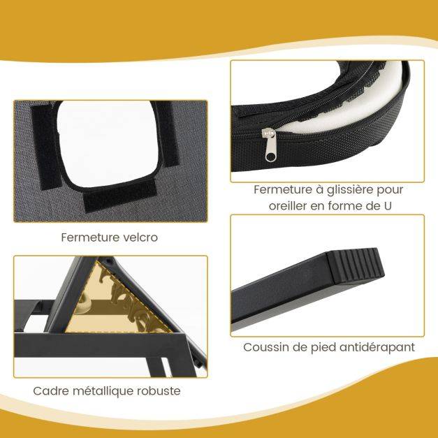 Helloshop26 - Chaise longue d'extérieur en fer avec 1 face et 2 trous latéraux 5 positions de dossier appui-tête amovible 150 kg noir - Imagen 3