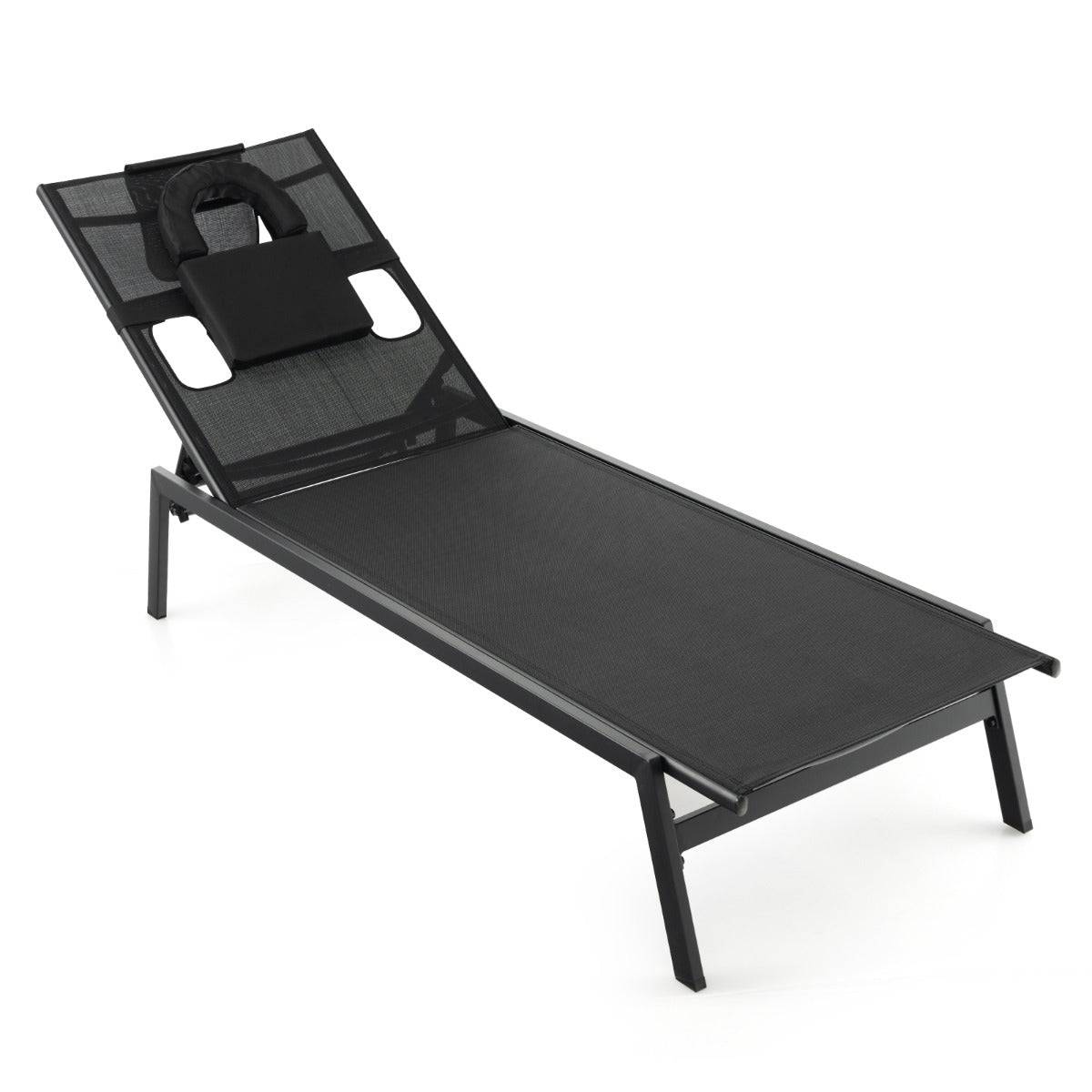 Helloshop26 - Chaise longue d'extérieur en fer avec 1 face et 2 trous latéraux 5 positions de dossier appui-tête amovible 150 kg noir - Imagen 1