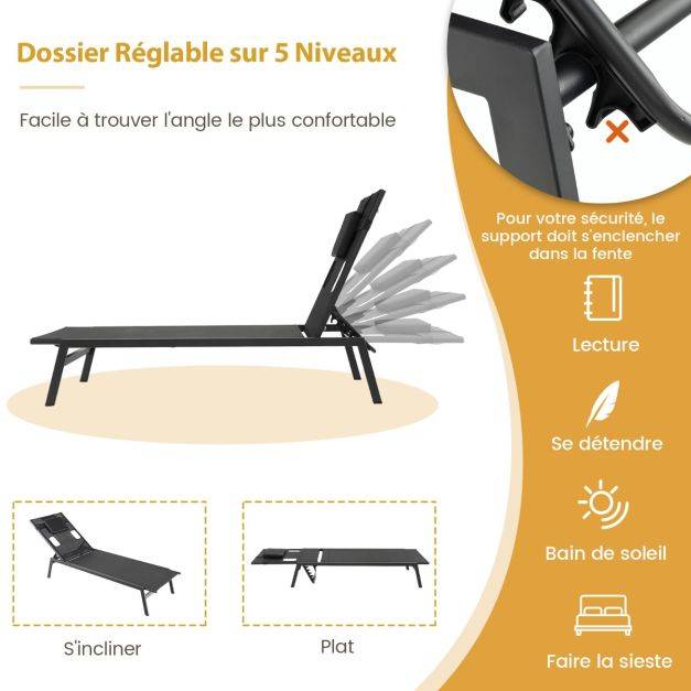 Helloshop26 - Chaise longue d'extérieur en fer avec 1 face et 2 trous latéraux 5 positions de dossier appui-tête amovible 150 kg noir - Imagen 2