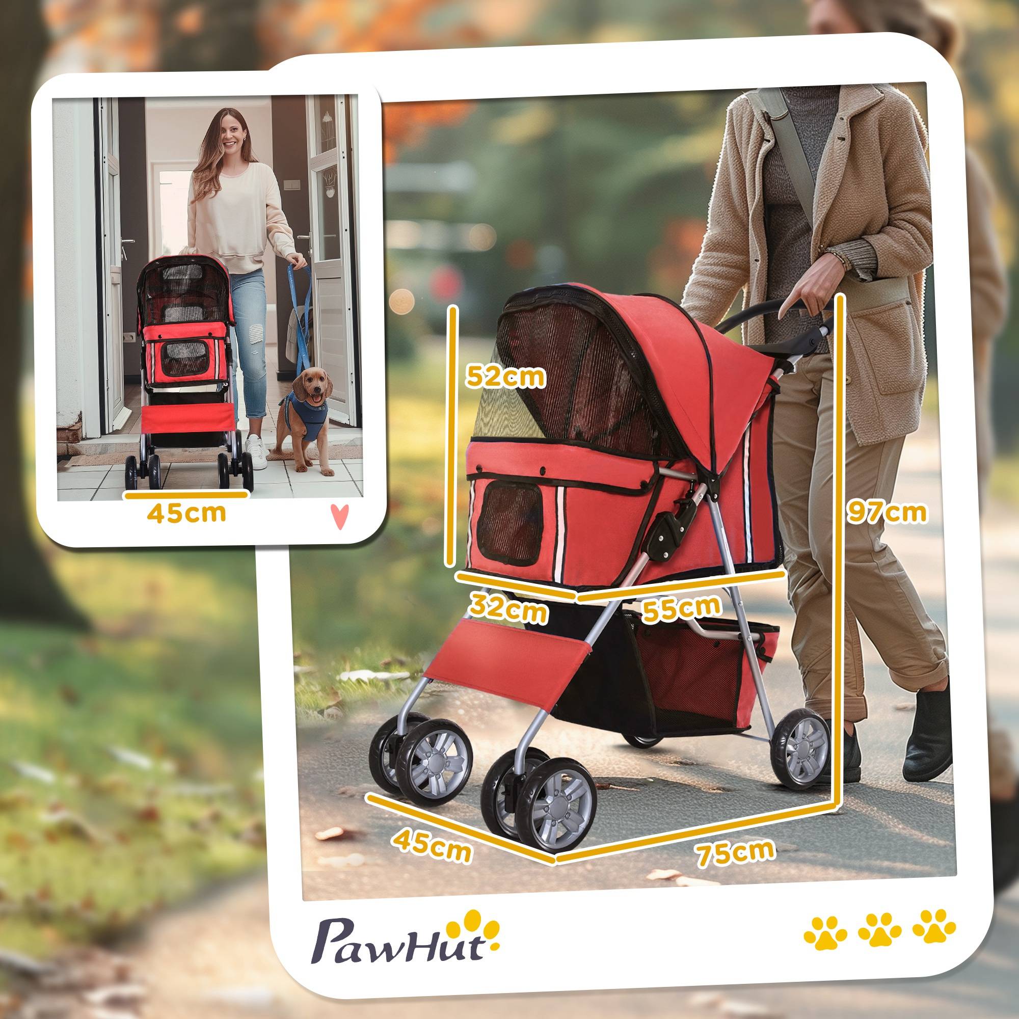 Poussette pour petit chien avec capote réglable, panier de rangement, porte-gobelet et 2 roues universelles, 75 x 45 x 97 cm, rouge - Image 5