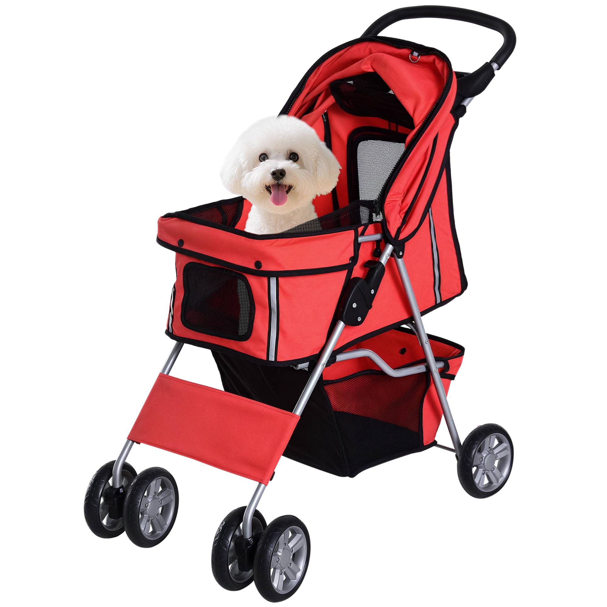 Poussette pour petit chien avec capote réglable, panier de rangement, porte-gobelet et 2 roues universelles, 75 x 45 x 97 cm, rouge - Image 1