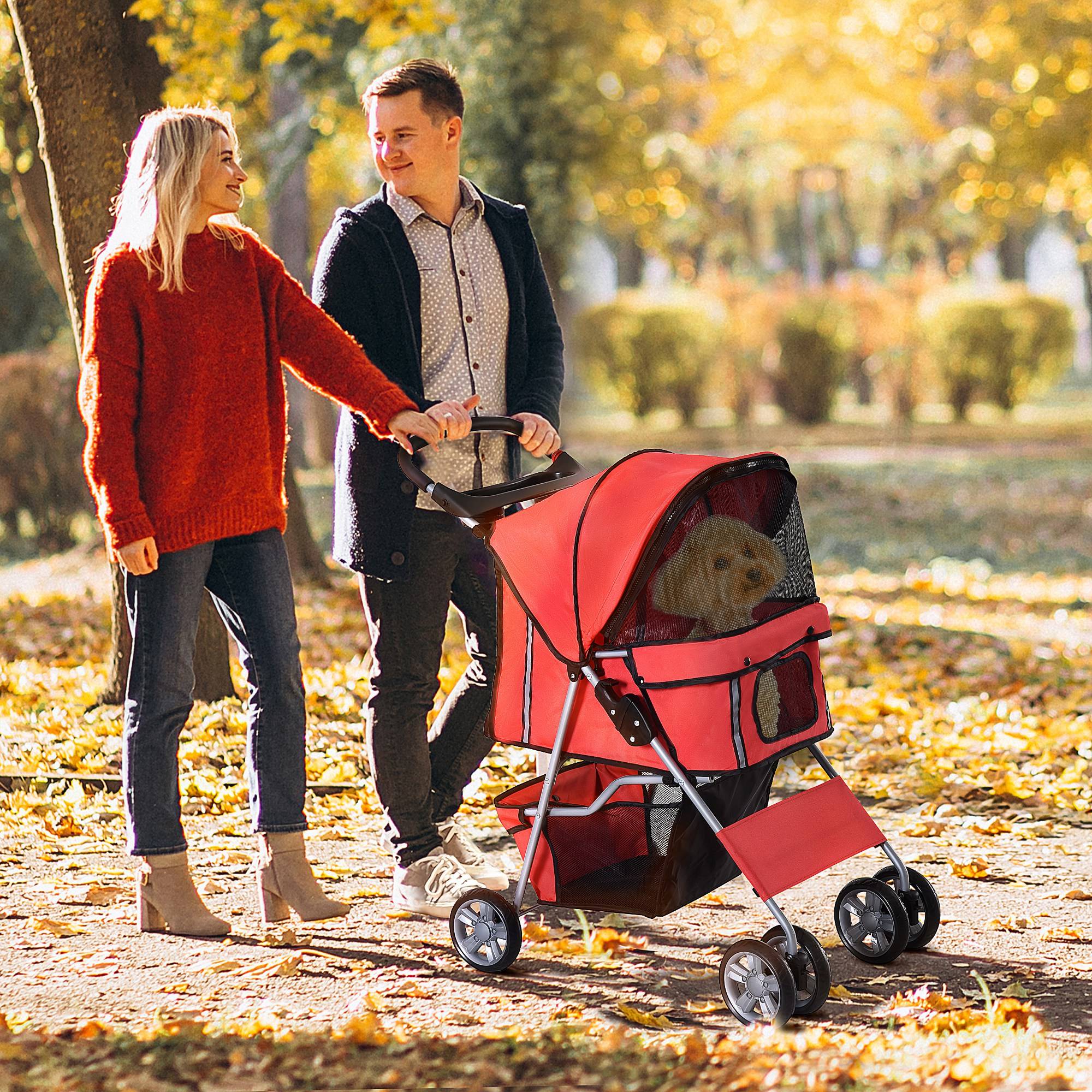 Poussette pour petit chien avec capote réglable, panier de rangement, porte-gobelet et 2 roues universelles, 75 x 45 x 97 cm, rouge - Image 3