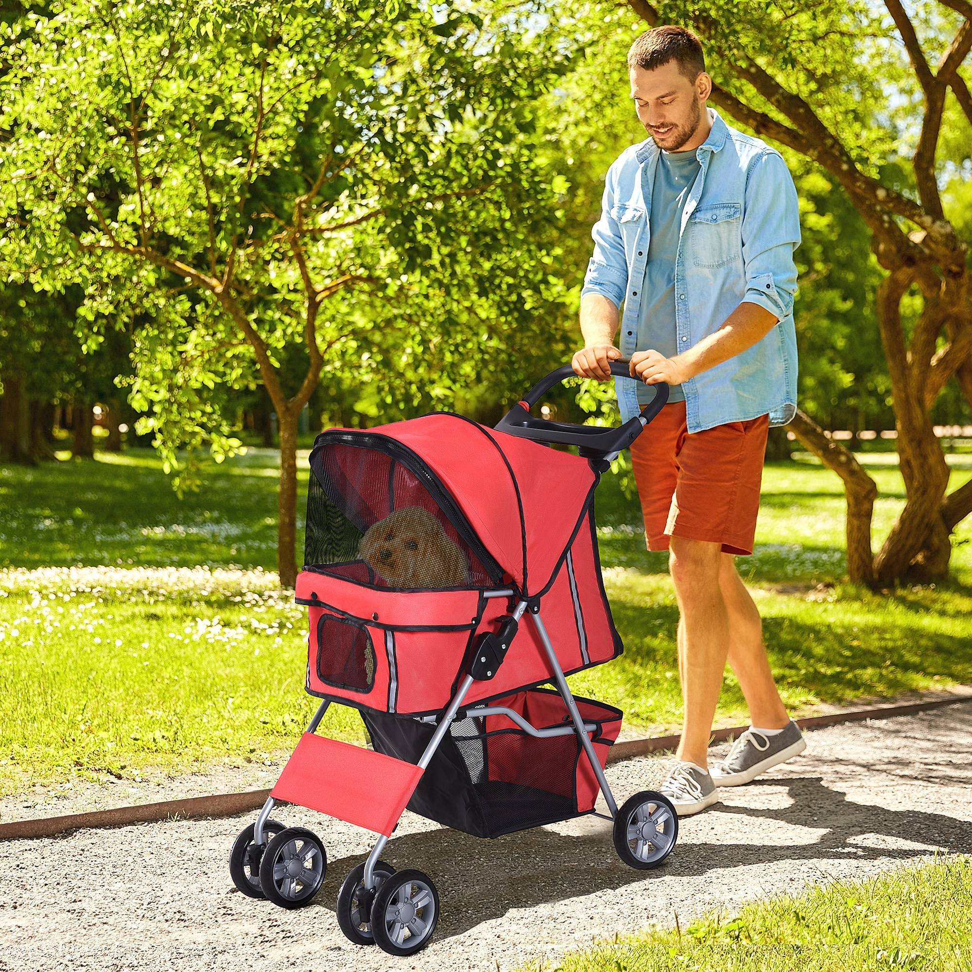 Poussette pour petit chien avec capote réglable, panier de rangement, porte-gobelet et 2 roues universelles, 75 x 45 x 97 cm, rouge - Image 4