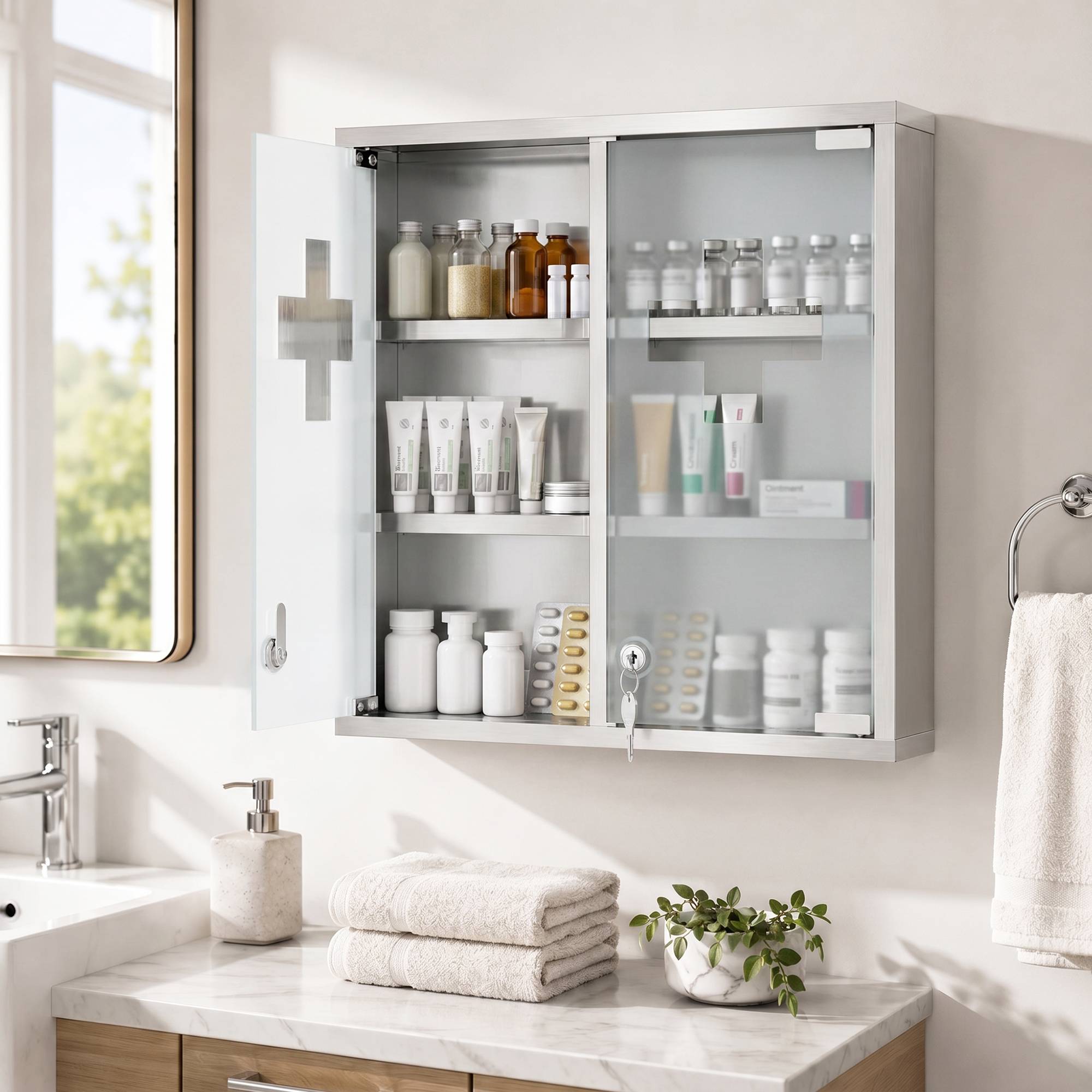 Sans Marque - Meuble sous-vasque mural portes vitrées fixes 2 plaques salle bain cuisine 46x12x48 cm plaqué - Image 3