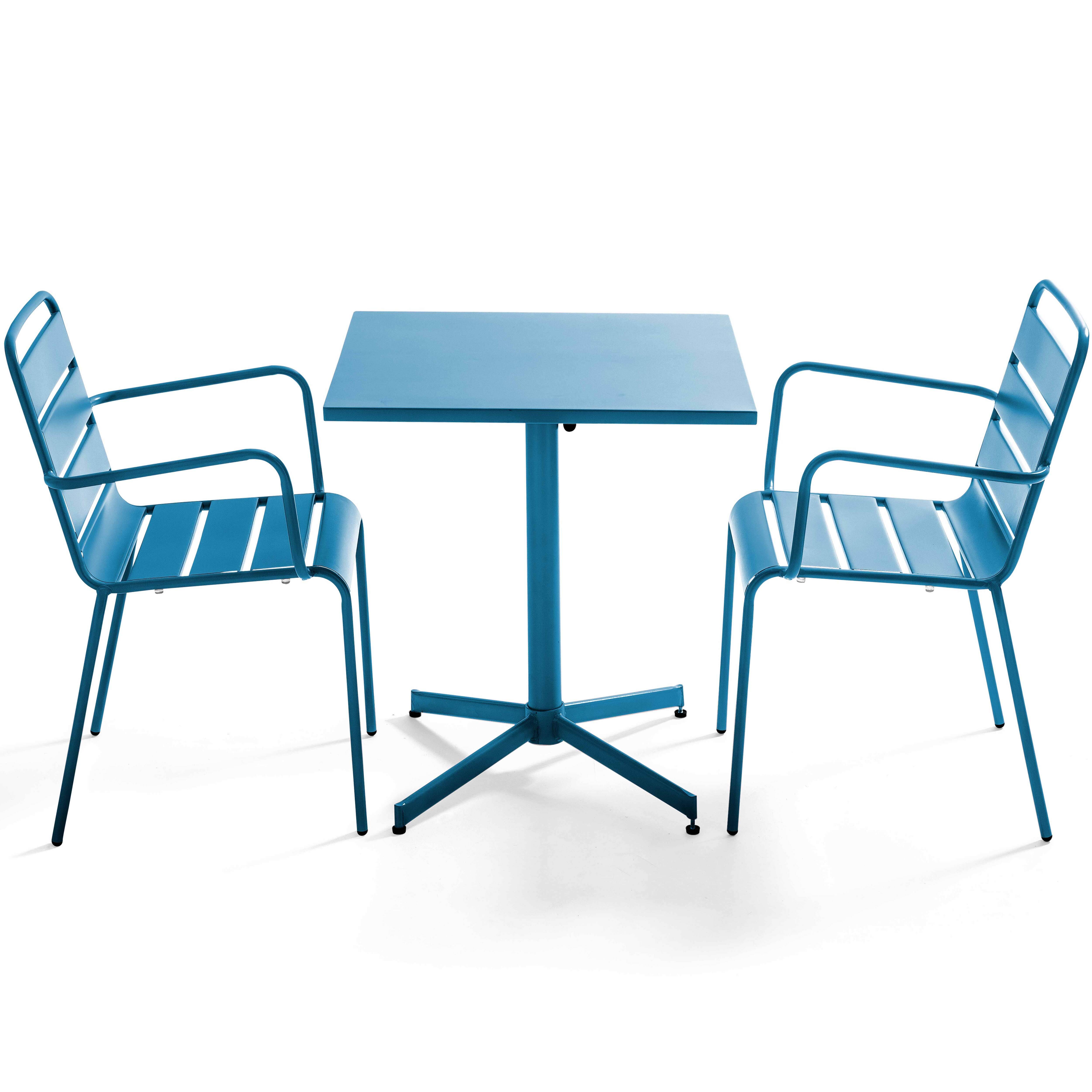 Oviala - Ensemble table de jardin carrée et 2 fauteuils métal bleu pacific Palavas - Oviala - Image 1