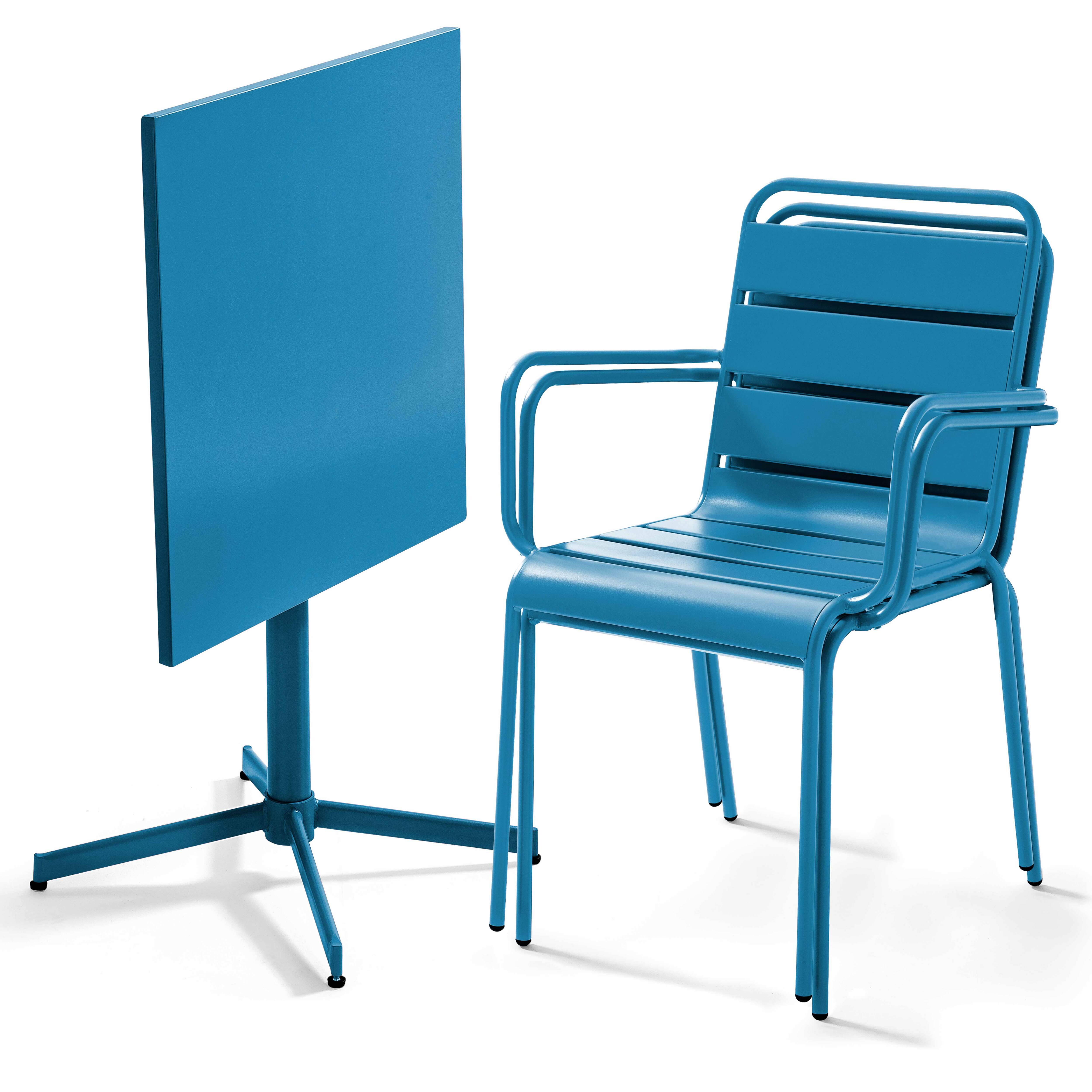 Oviala - Ensemble table de jardin carrée et 2 fauteuils métal bleu pacific Palavas - Oviala - Image 2