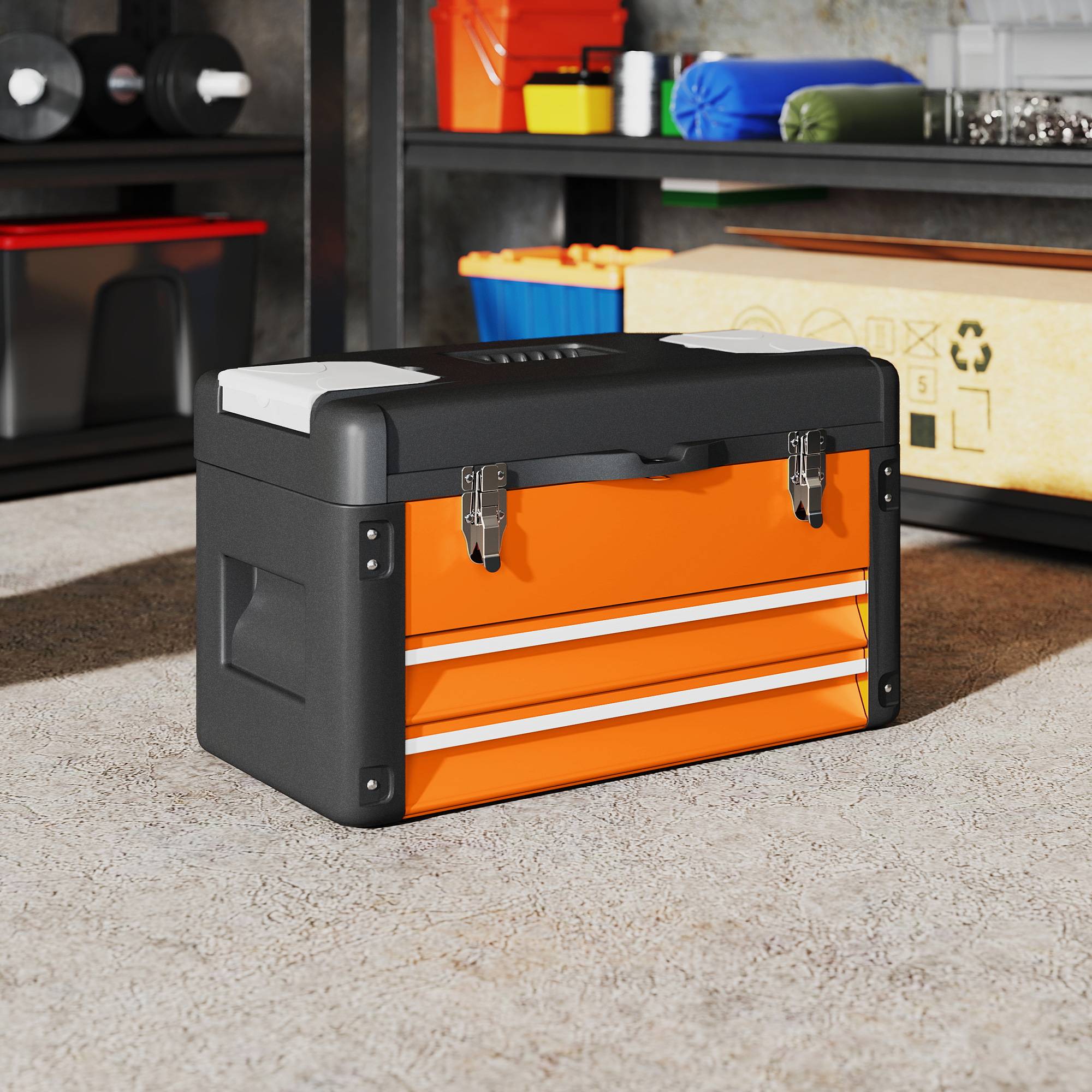 Sans Marque - Boîte à outils vide, 49,7 x 25,3 x 28,9 cm, boîte à outils avec tiroir, mini boîte en acier orange - Image 3
