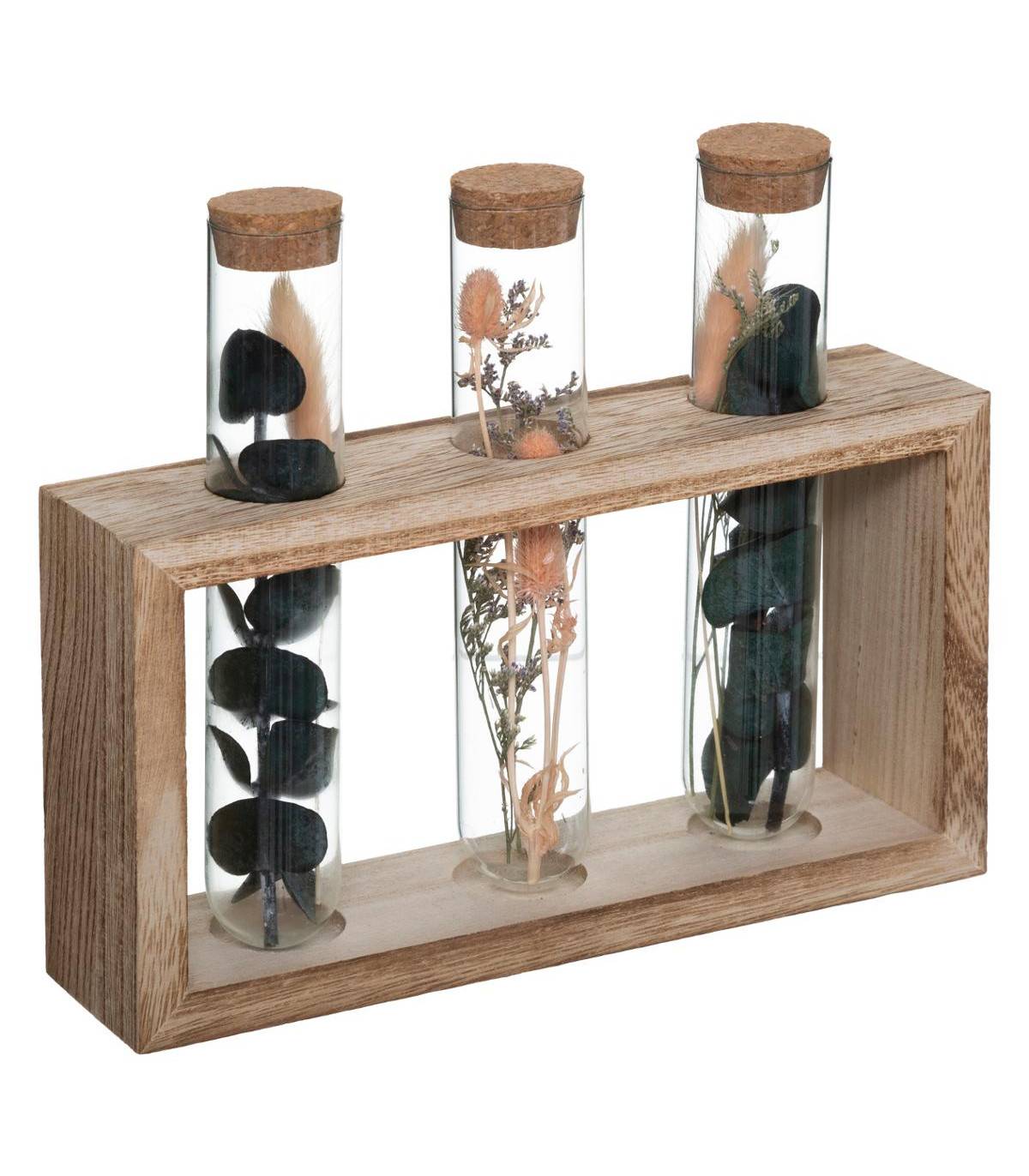 Fleurs séchées dans 3 Tubes en verre Support en Bois L 21 x H 17.2 cm - Imagen 1
