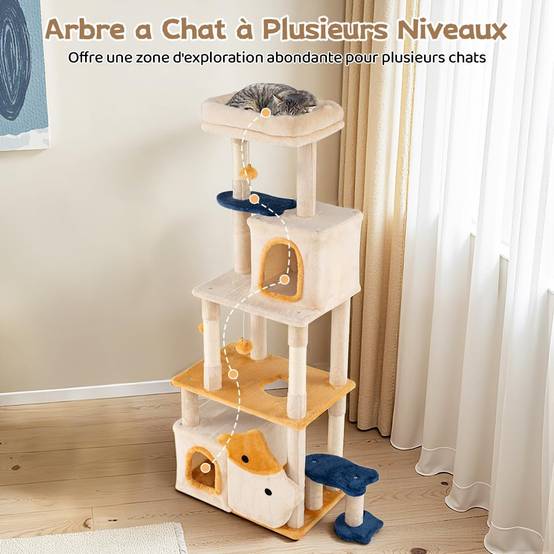Arbre à Chat XXL 159 cm, 2 Condos, Poteaux à Griffer en Sisal, 5 Plateformes, Arbre a Chat Design de Poisson, Pompon Suspendu, Tour pour Chaton à 6 Ni - Image 2