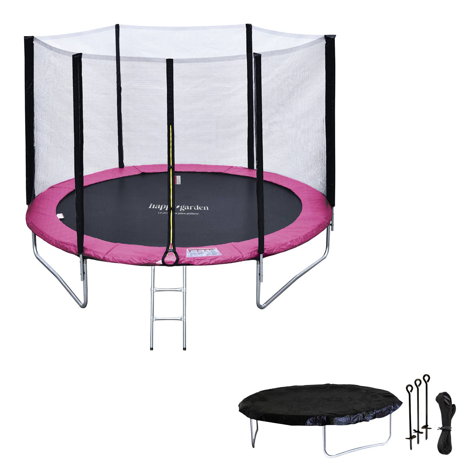 Pack Premium Trampoline 180cm réversible gris / rose CAIRNS + filet, échelle, bâche et kit d'ancrage - HAPPY GARDEN - Image 2