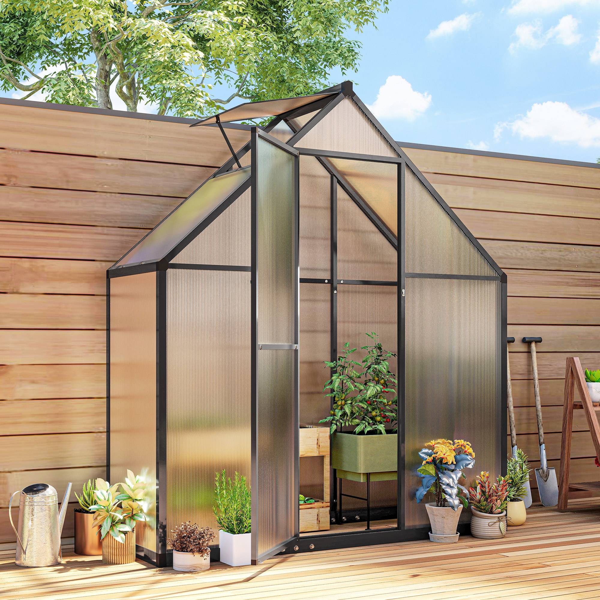 Serre de Jardin Aluminium Polycarbonate, Fenêtre Réglable et Porte Battante, Résistante aux Intempéries - Image 4