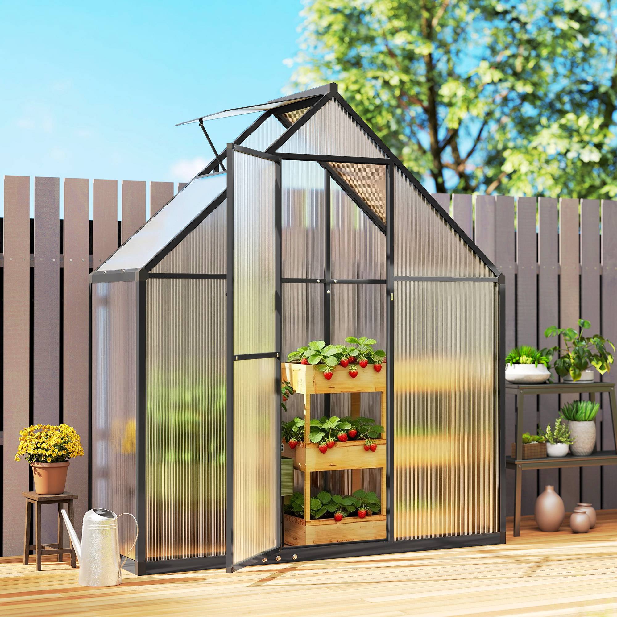 Serre de Jardin Aluminium Polycarbonate, Fenêtre Réglable et Porte Battante, Résistante aux Intempéries - Image 10