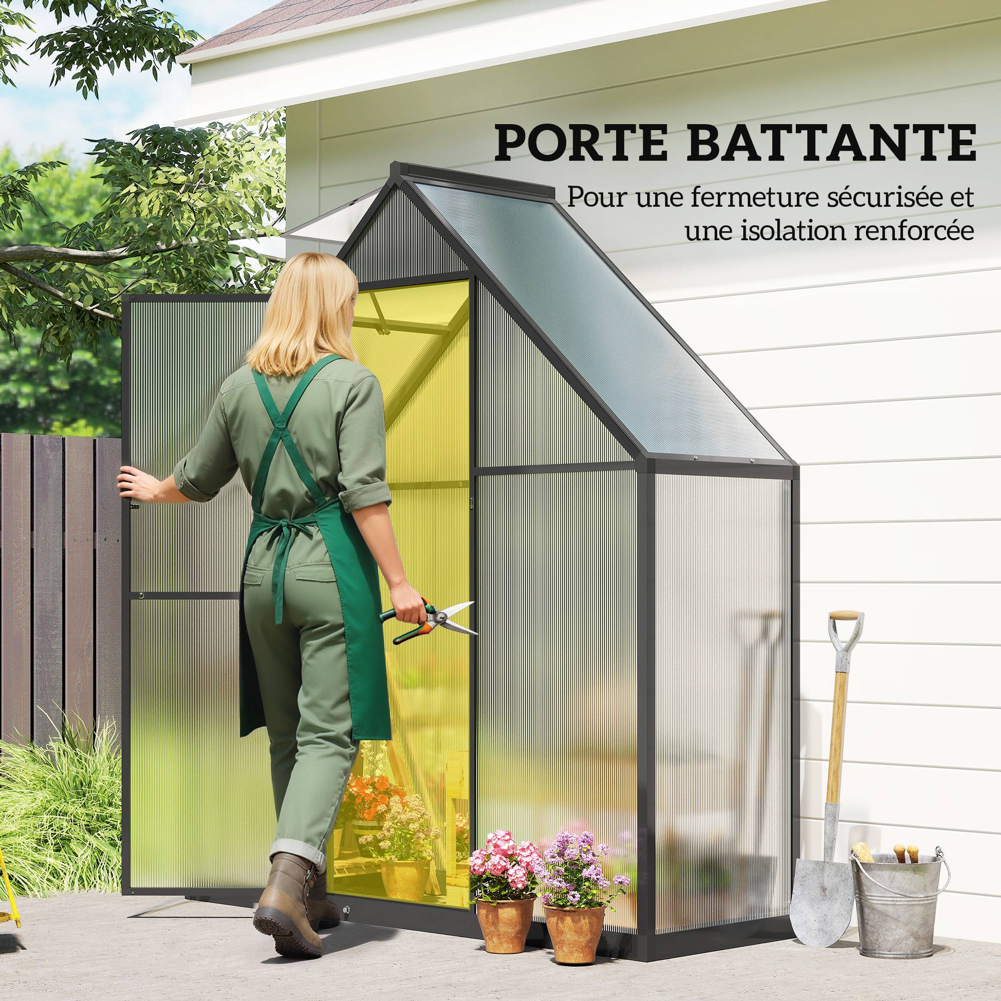 Serre de Jardin Aluminium Polycarbonate, Fenêtre Réglable et Porte Battante, Résistante aux Intempéries - Image 8