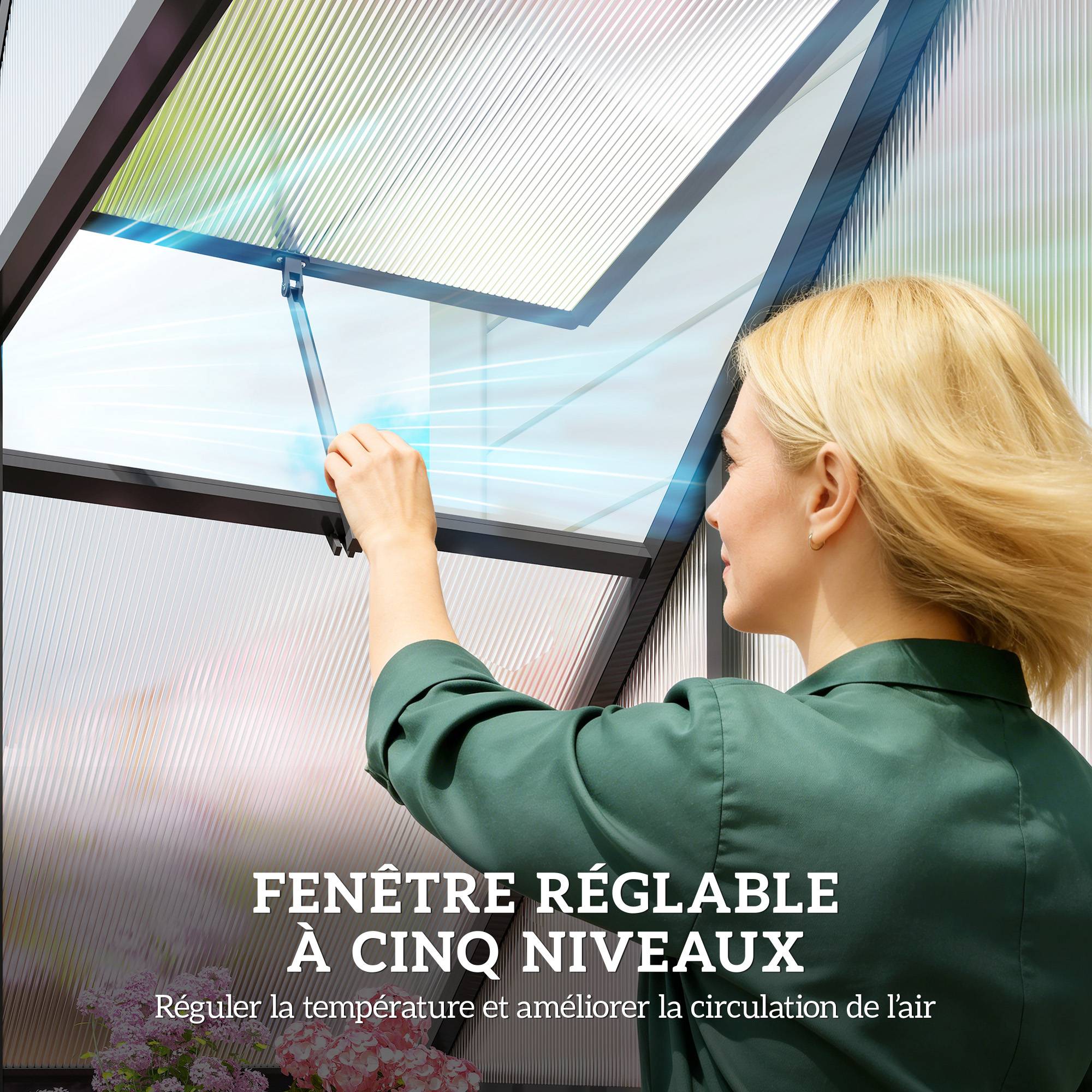 Serre de Jardin Aluminium Polycarbonate, Fenêtre Réglable et Porte Battante, Résistante aux Intempéries - Image 9