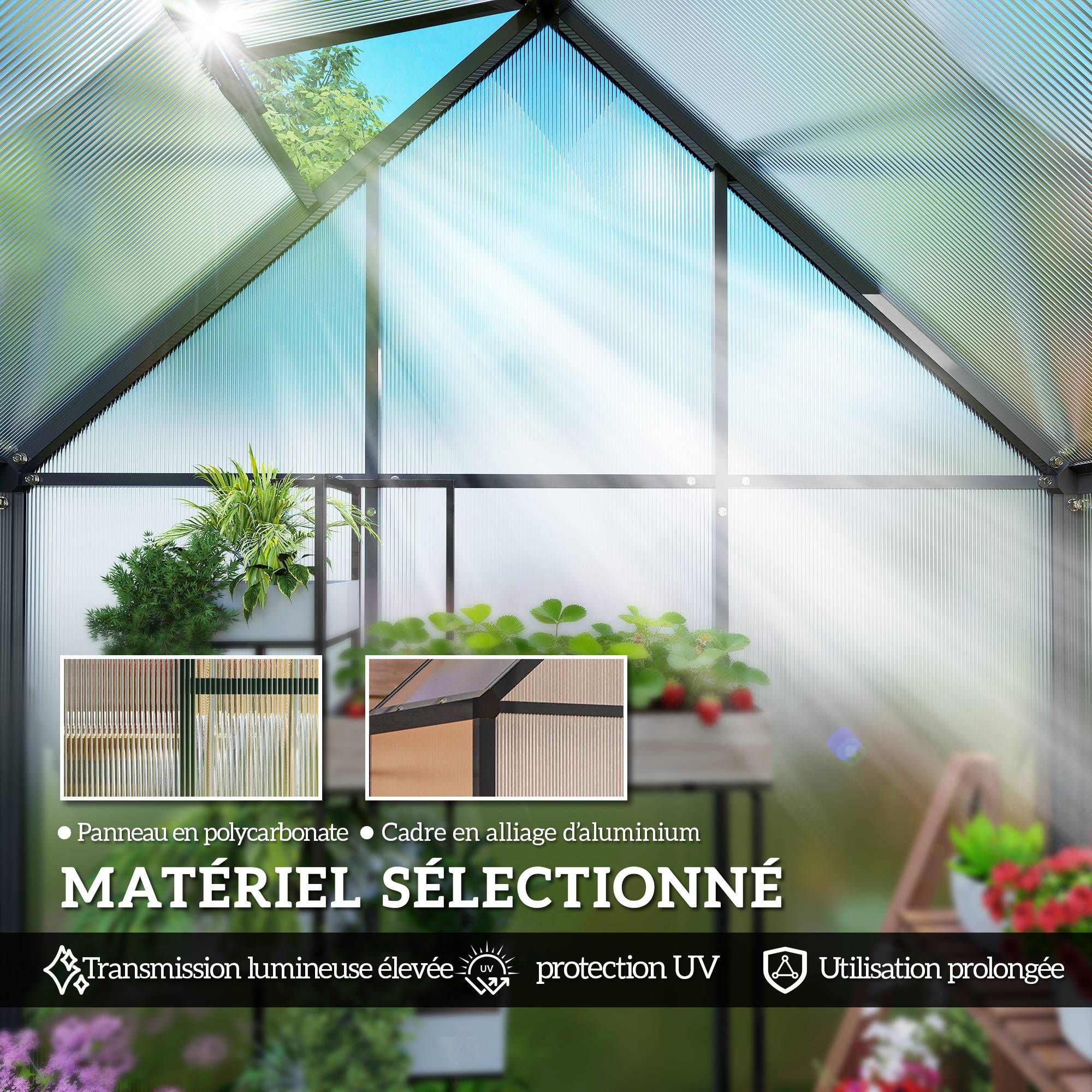 Serre de Jardin Aluminium Polycarbonate, Fenêtre Réglable et Porte Battante, Résistante aux Intempéries - Image 7