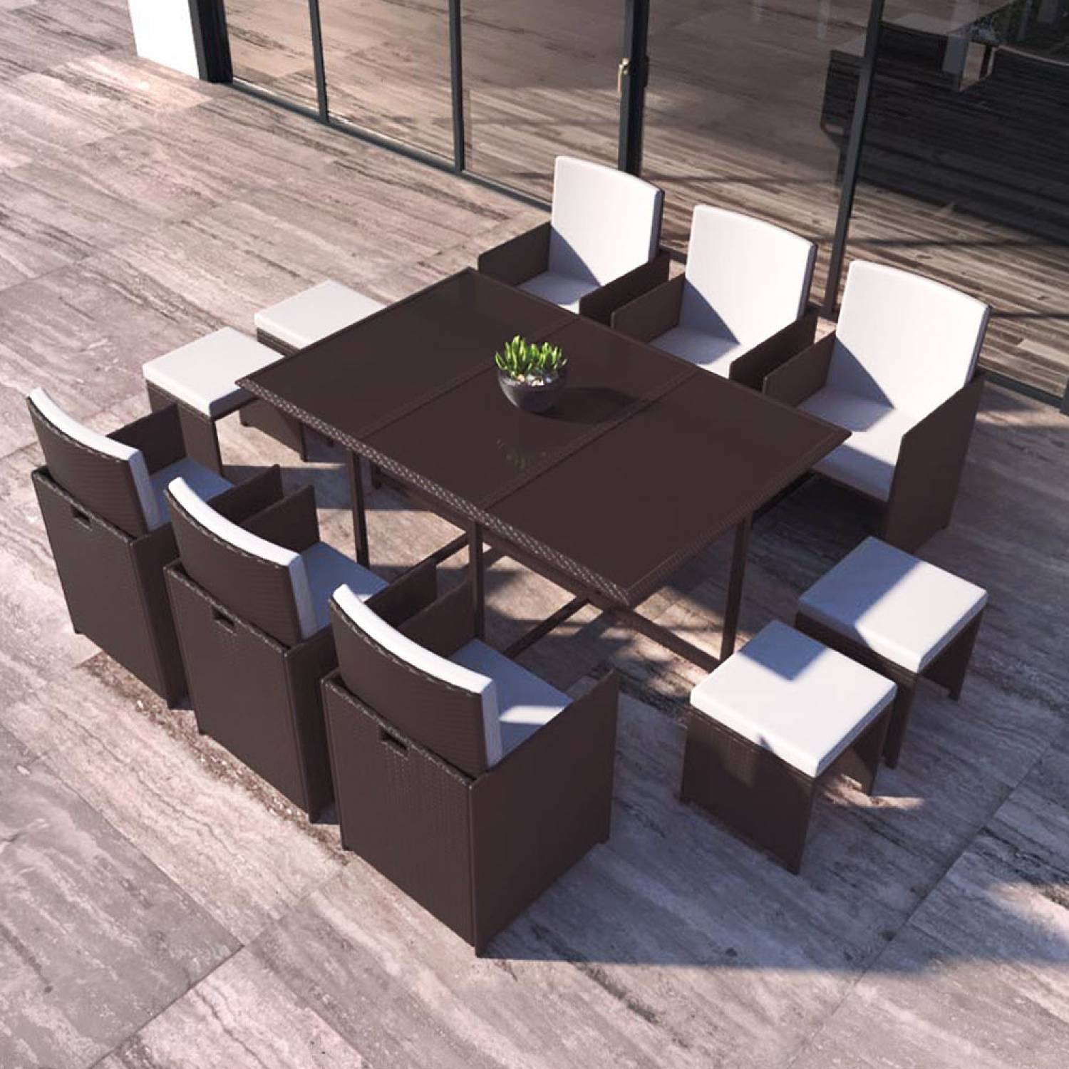 Salon de jardin encastrable Marron-Blanc 10 places FLORIDA - Image 2
