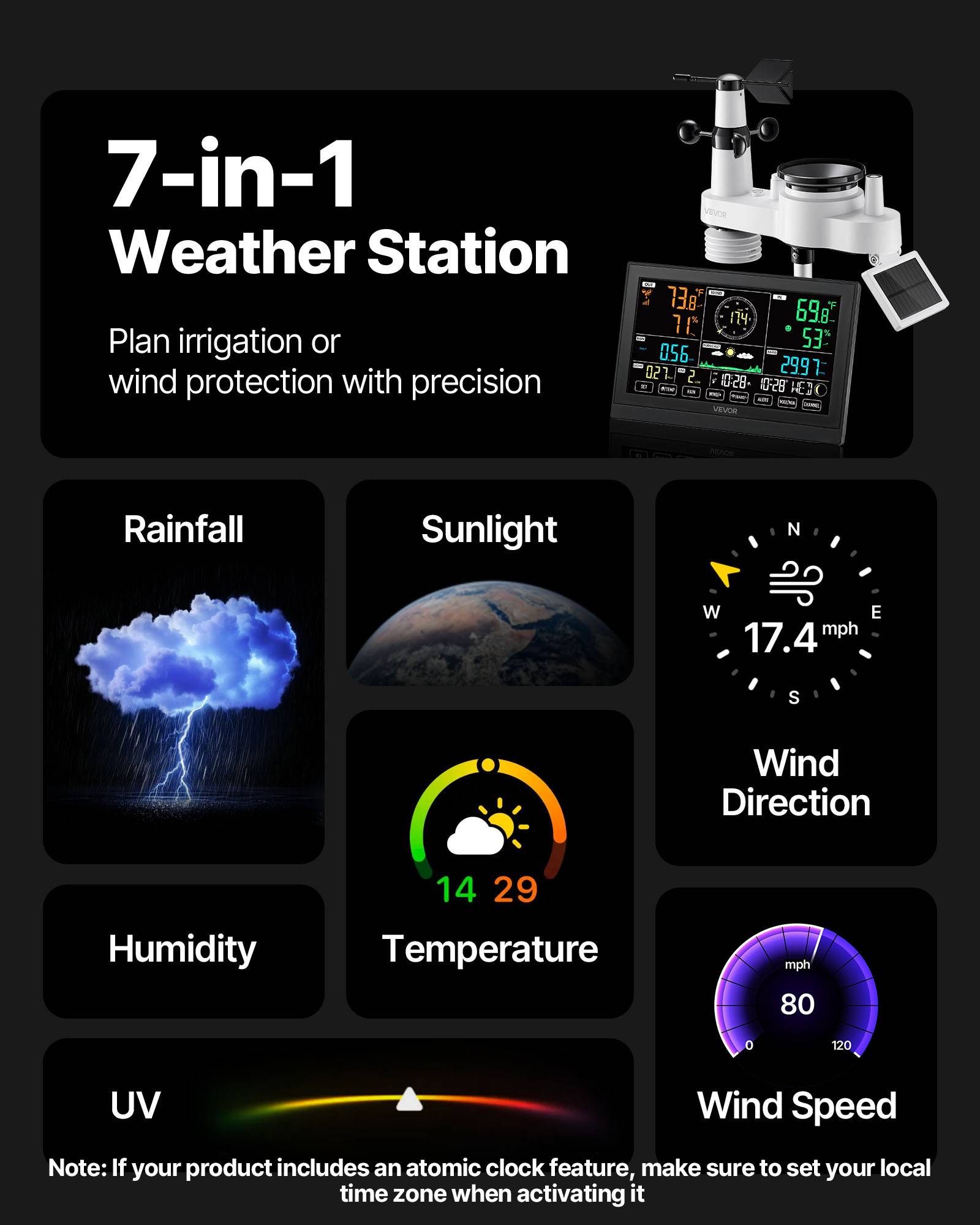 VEVOR Station Météo Sans Fil Solaire 7 en 1 Capteur Extérieur Écran VA 190,5 mm - Image 2