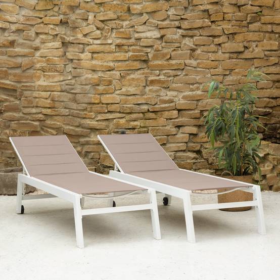 Happy Garden - Lot de 2 bains de soleil BARBADOS en textilène taupe - aluminium blanc - HAPPY GARDEN - Imagen 10
