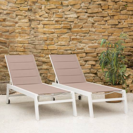 Happy Garden - Lot de 2 bains de soleil BARBADOS en textilène taupe - aluminium blanc - HAPPY GARDEN - Imagen 2