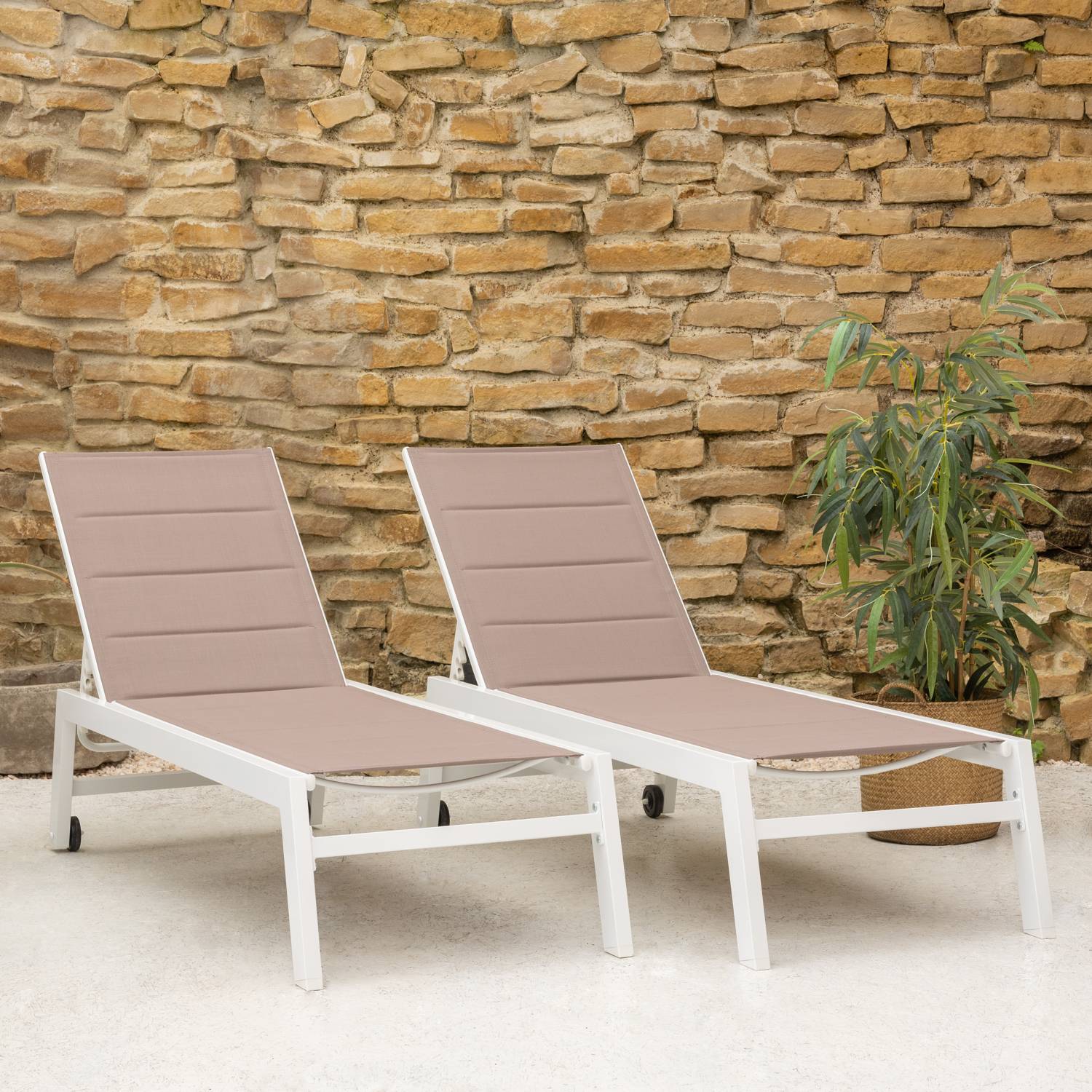 Happy Garden - Lot de 2 bains de soleil BARBADOS en textilène taupe - aluminium blanc - HAPPY GARDEN - Imagen 2