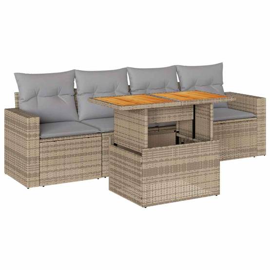Salon de jardin 5 places beige résine tressée et bois avec table modulable et accoudoirs – ComfortXL Outdoor Living - Image 2