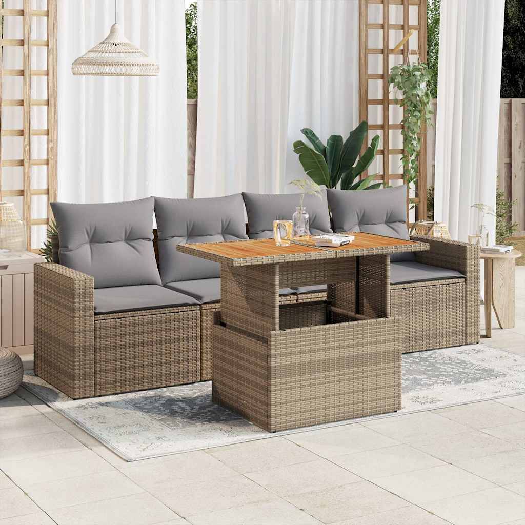 Salon de jardin 5 places beige résine tressée et bois avec table modulable et accoudoirs – ComfortXL Outdoor Living - Image 1