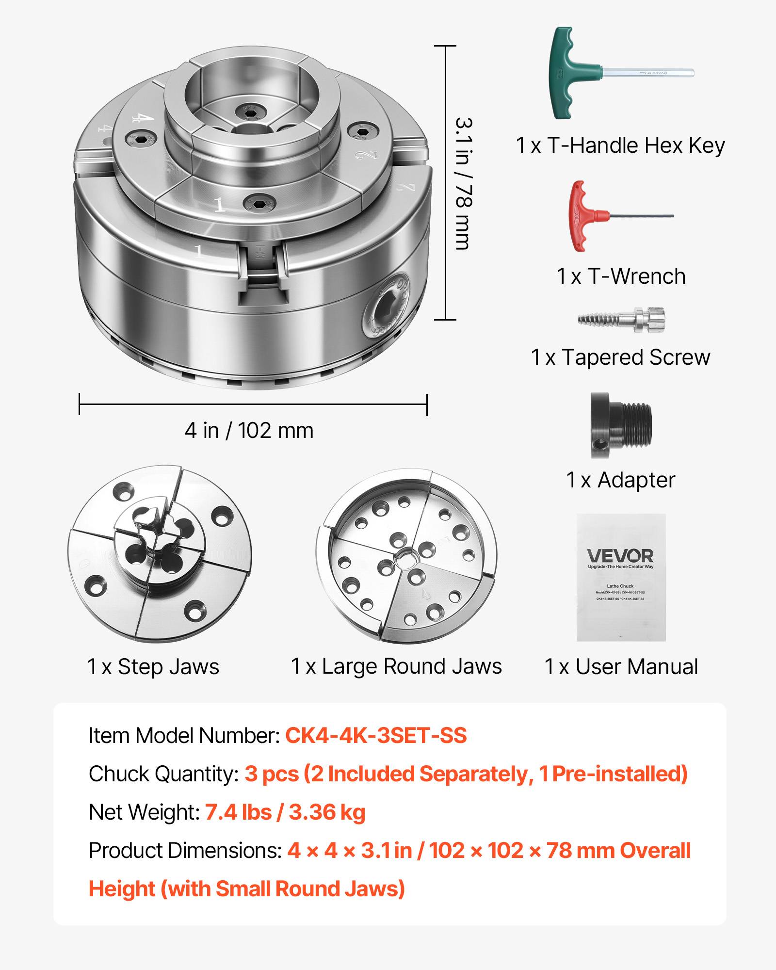 Vevor - VEVOR Mandrin tour à bois 4 mors autocentrant 102 mm, adaptateur 1"x8 TPI, mâchoires interchangeables, acier nickelé - Image 6