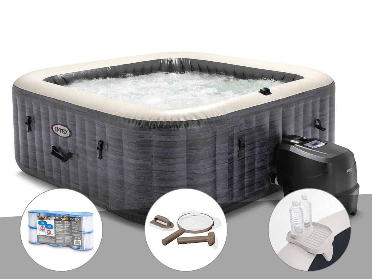 Kit spa gonflable Intex PureSpa Ardoise carré Bulles 6 places + 6 filtres + Kit d'entretien + Porte-verre - Imagen 1