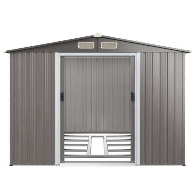 Helloshop26 - Abri de jardin métal extérieur 9,74m³ acier galvanisé avec fondation 4 persiennes double porte et rampe 260 x 207 x 181 cm gris foncé - Imagen 2