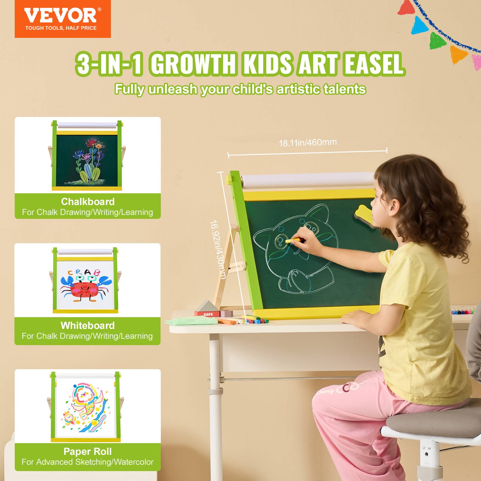VEVOR Chevalet art table enfants, bois 3 en 1, tableau blanc magnétique, noir, dessin, pliable. - Image 2