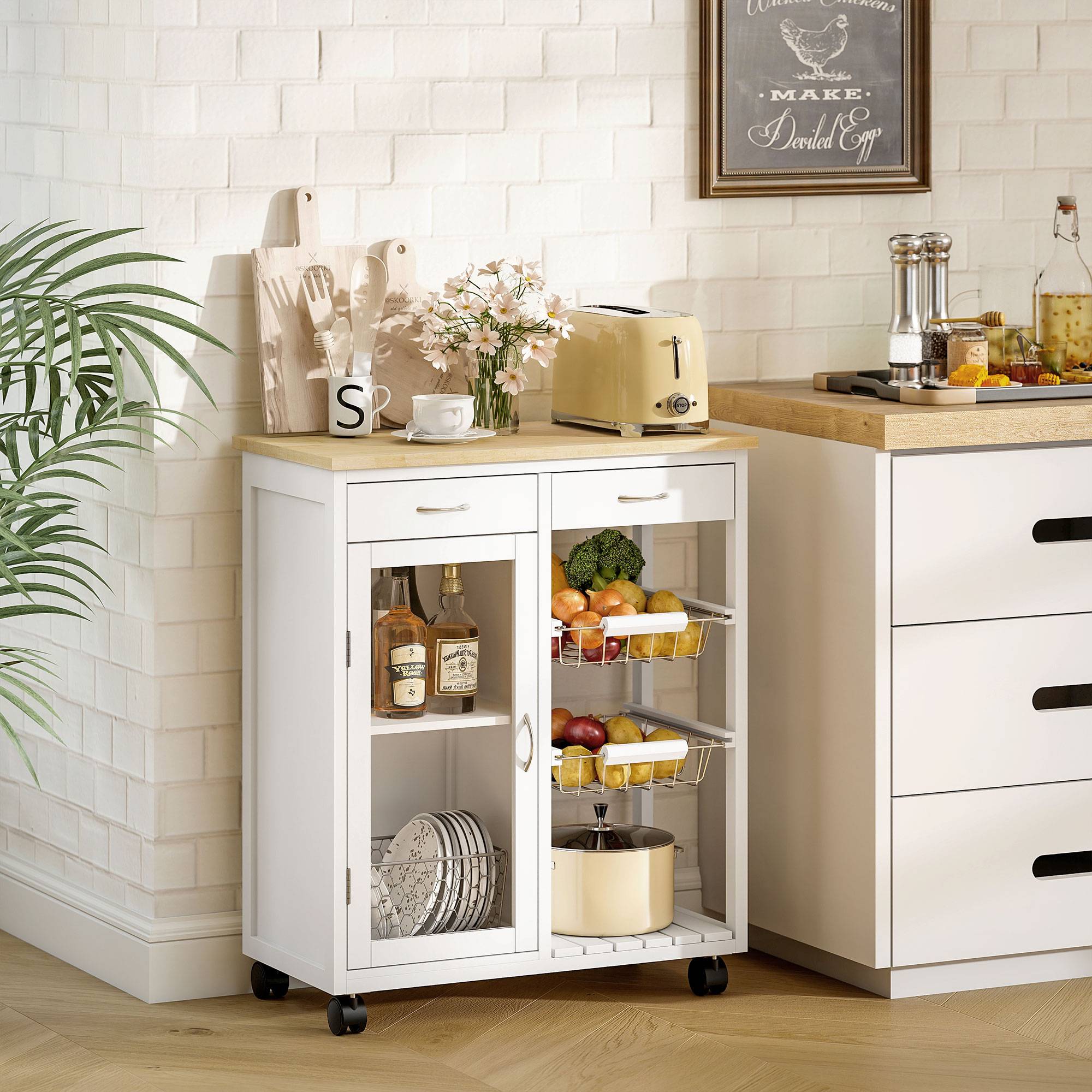 Sans Marque - Desserte cuisine roulettes îlot central cuisine plateau bambou porte vitrée 67x35x80 cm blanc - Image 4