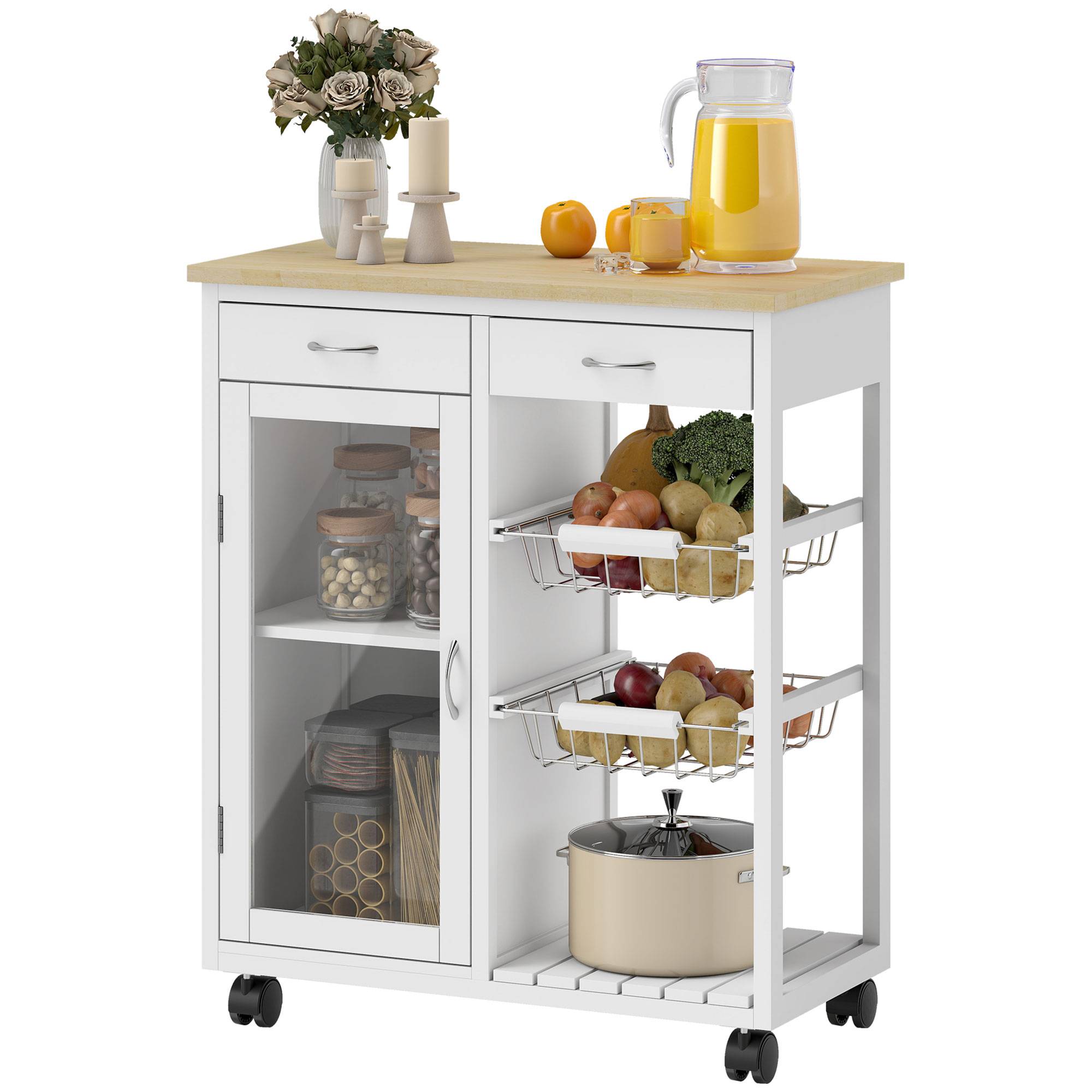 Sans Marque - Desserte cuisine roulettes îlot central cuisine plateau bambou porte vitrée 67x35x80 cm blanc - Image 2