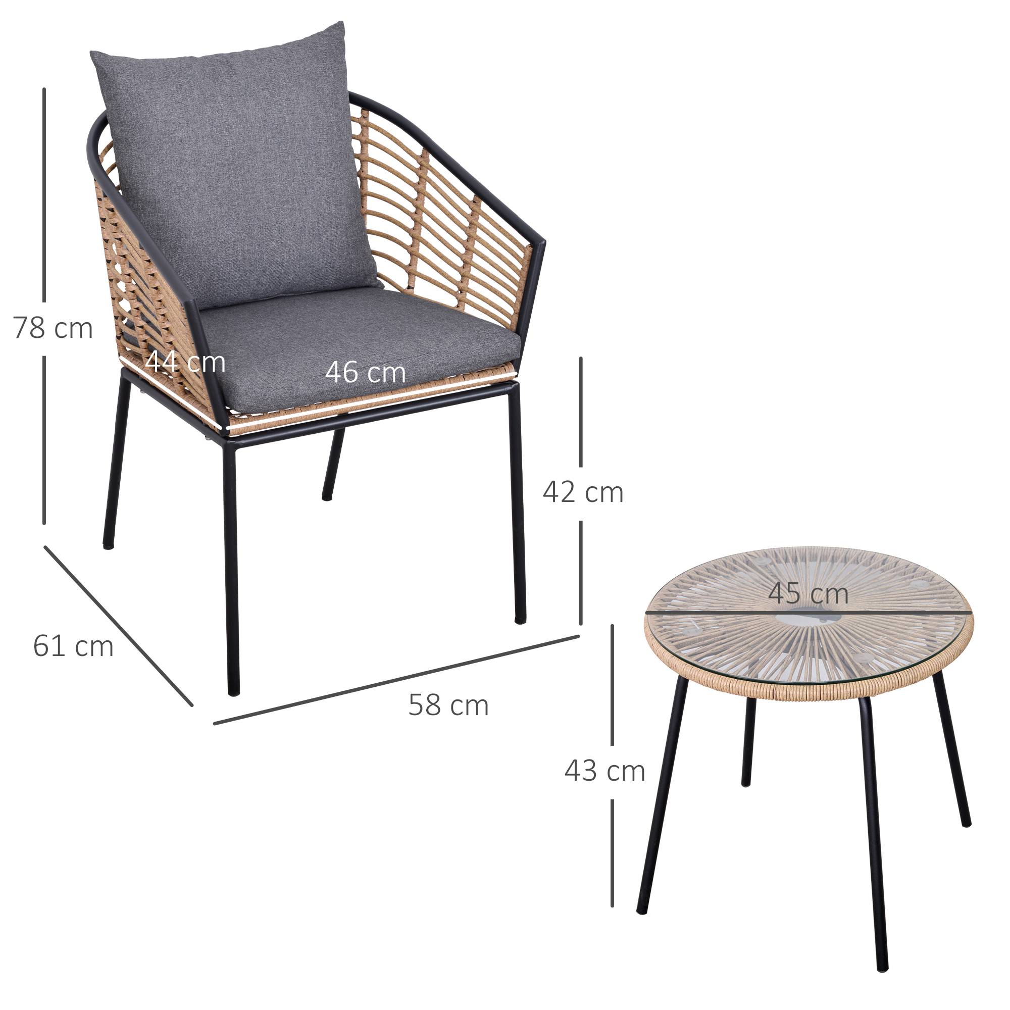 Outsunny - Ensemble salon de jardin 3 pièces style exotique 2 fauteuils avec coussins gris + table basse résine tressée aspect bambou métal époxy noir - Outsunny - Imagen 3