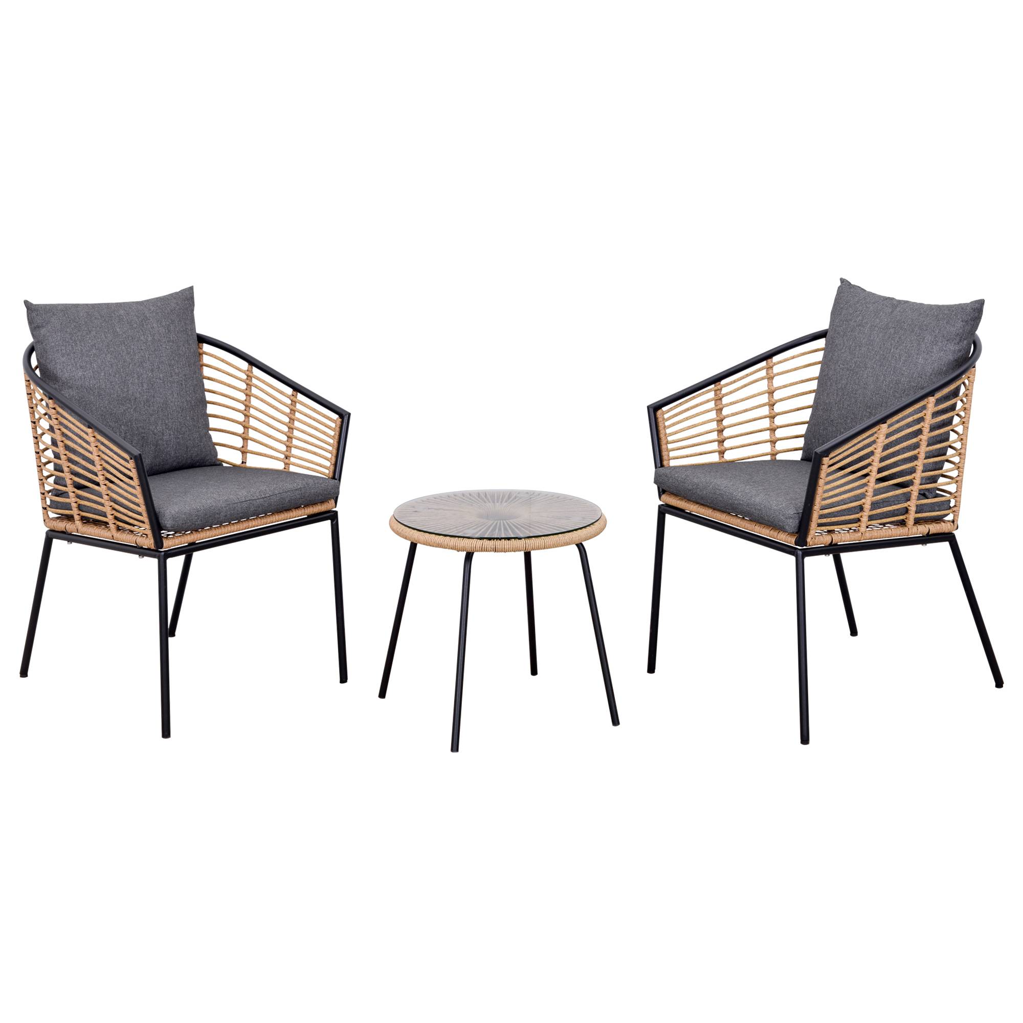 Outsunny - Ensemble salon de jardin 3 pièces style exotique 2 fauteuils avec coussins gris + table basse résine tressée aspect bambou métal époxy noir - Outsunny - Imagen 1