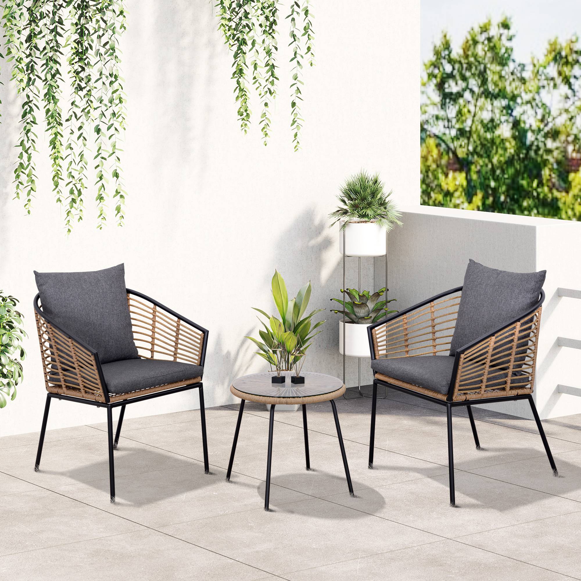 Outsunny - Ensemble salon de jardin 3 pièces style exotique 2 fauteuils avec coussins gris + table basse résine tressée aspect bambou métal époxy noir - Outsunny - Imagen 2
