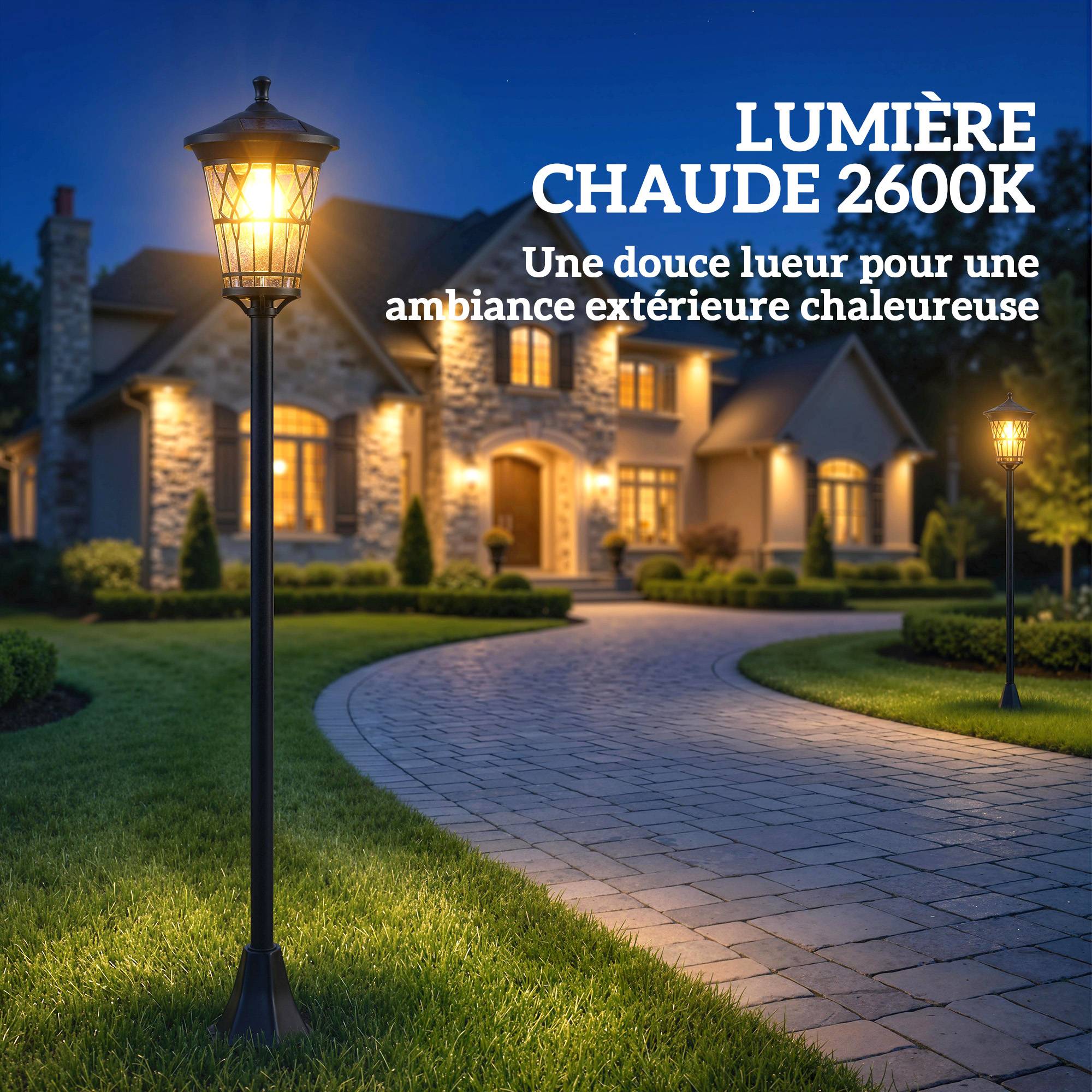 Lot de 2 Lampadaires Solaires 1,86 m pour Jardin, Lampes de Rue en Acier Inoxydable à Hauteur Réglable Noir - Image 8