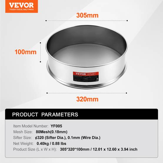 VEVOR Tamie à farine 80 mailles, acier inox 304, diamètre 12.6 pouces, pour haricots, riz, farine, 5 tailles. - Image 7