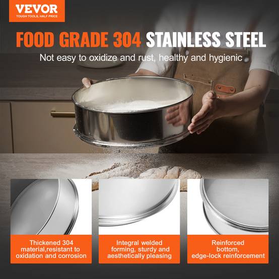 VEVOR Tamie à farine 80 mailles, acier inox 304, diamètre 12.6 pouces, pour haricots, riz, farine, 5 tailles. - Image 2