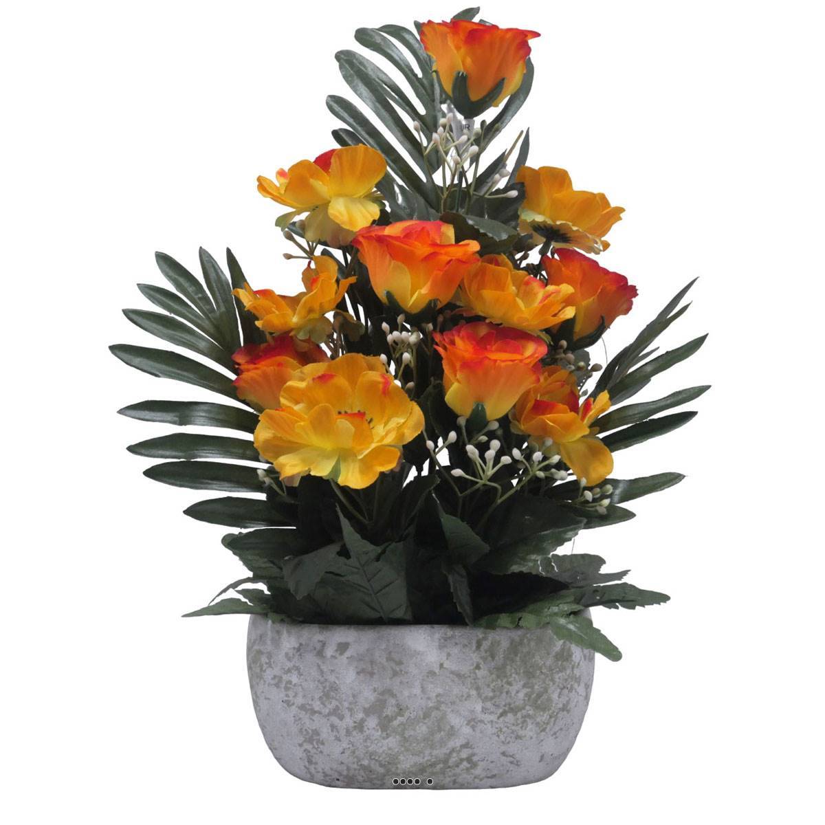 Artificielles - Jardinière pot béton bouton de rose, Anémone et Gypso Orange pour la Toussaint - couleur: Orange 660 - Imagen 1