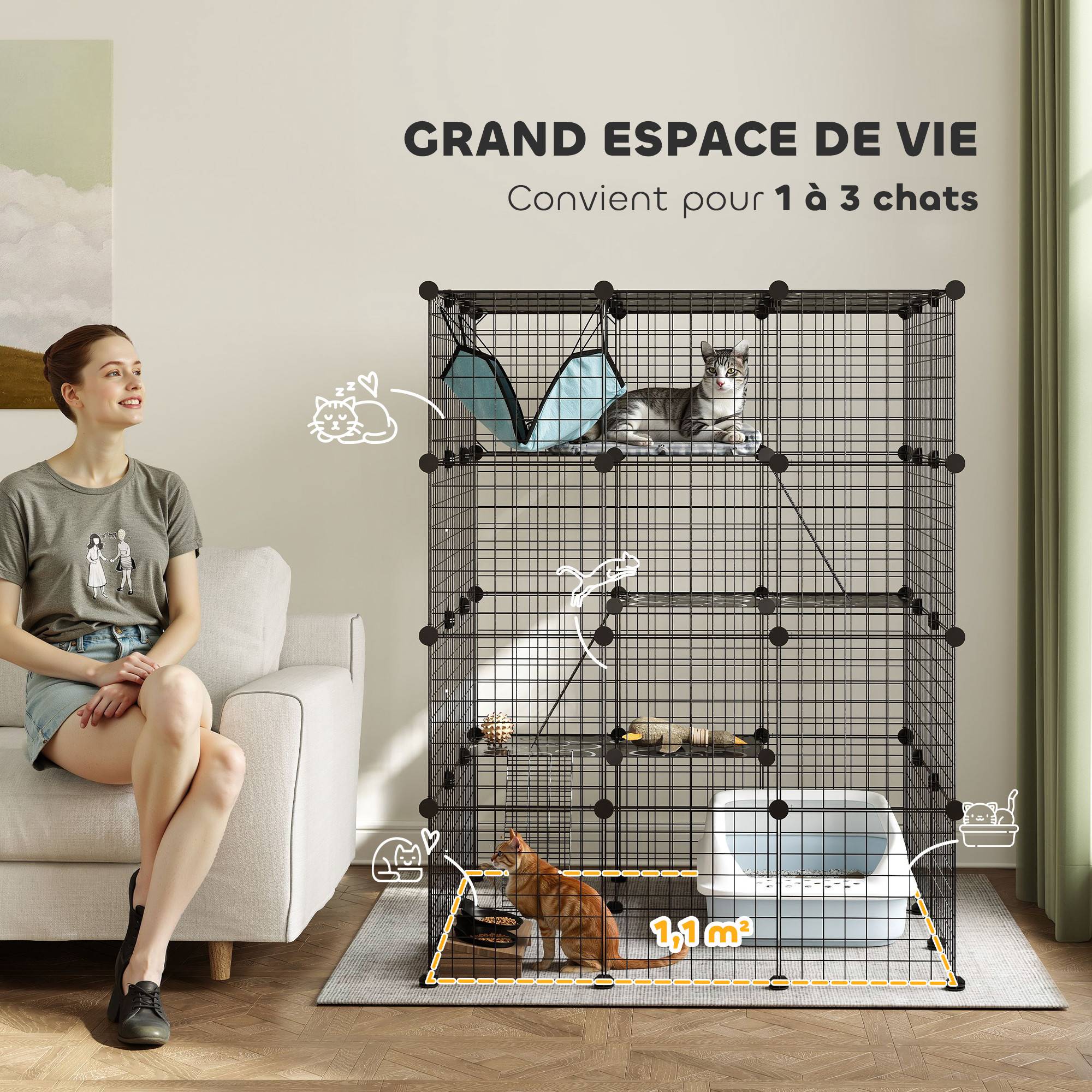 Parc enclos animaux acier intérieur espace jeu modulable 105x105x140cm noir - ComfortXL Outdoor Living - Image 6