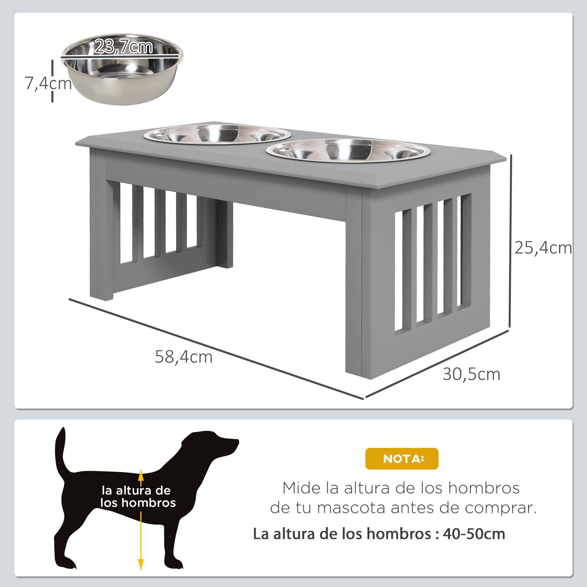 Gamelle surélevée pour chien avec 2 bols amovibles en acier inoxydable 58,4 x 30,5 x 25,4 cm Gris - Image 5
