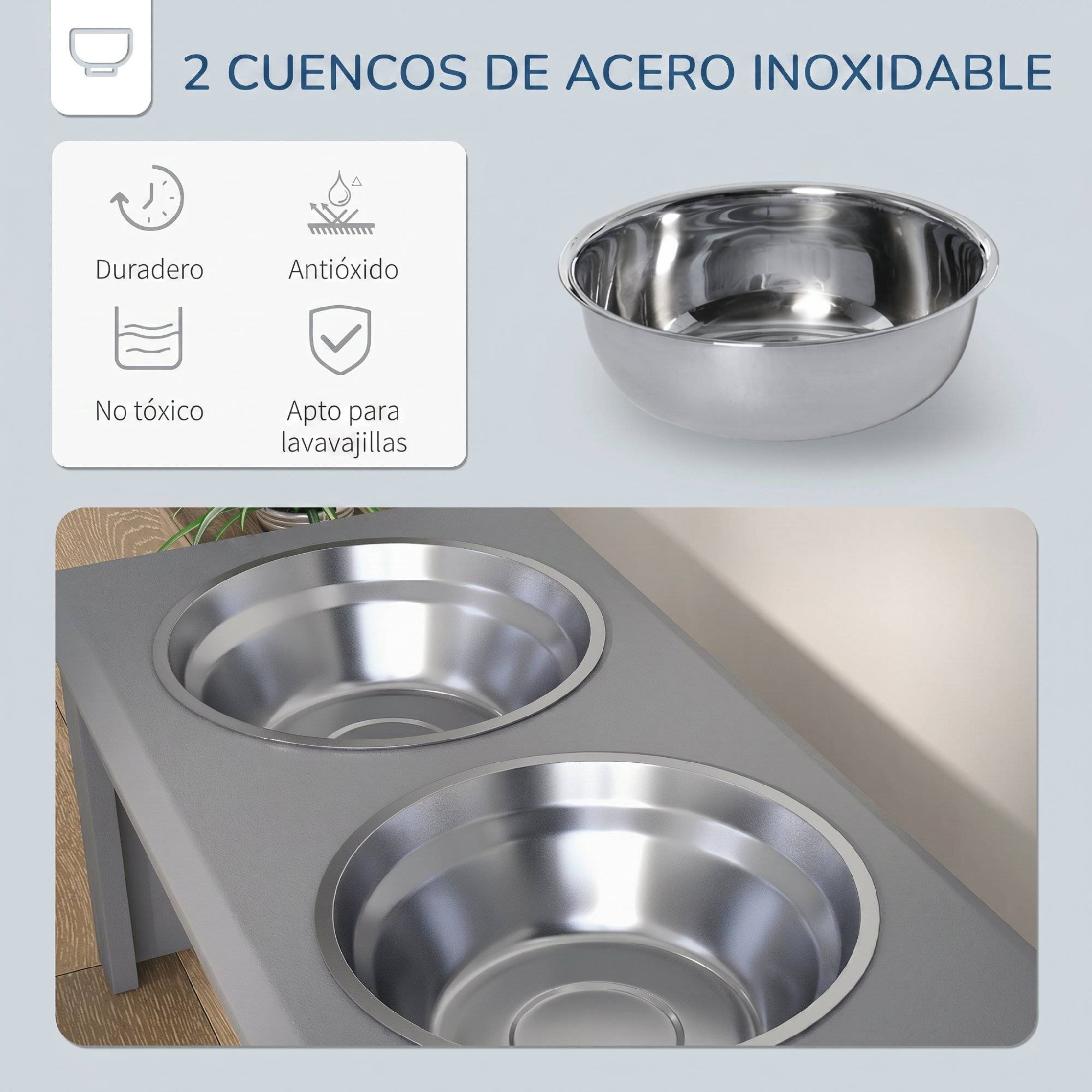 Gamelle surélevée pour chien avec 2 bols amovibles en acier inoxydable 58,4 x 30,5 x 25,4 cm Gris - Image 7