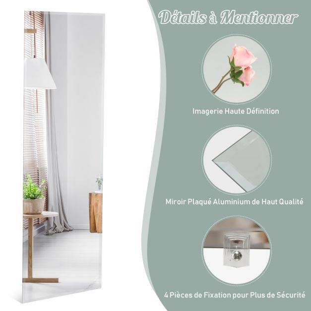 Miroir mural psyché rectangulaire sans cadre 110 x 38 cm pleine longueur bord biseauté suspendu vertical ou horizontal blanc - Image 3