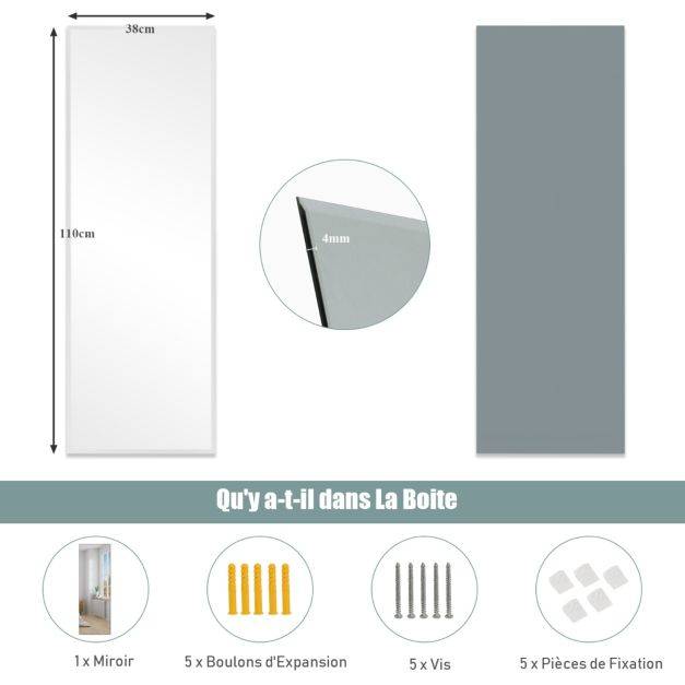 Miroir mural psyché rectangulaire sans cadre 110 x 38 cm pleine longueur bord biseauté suspendu vertical ou horizontal blanc - Image 5