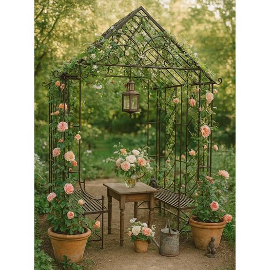 Gloriette kiosque maison abri banc jardin fer marron 200x114x270 cm Chemin de campagne - Image 2
