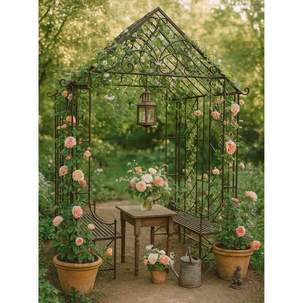 Gloriette kiosque maison abri banc jardin fer marron 200x114x270 cm Chemin de campagne - Image 2
