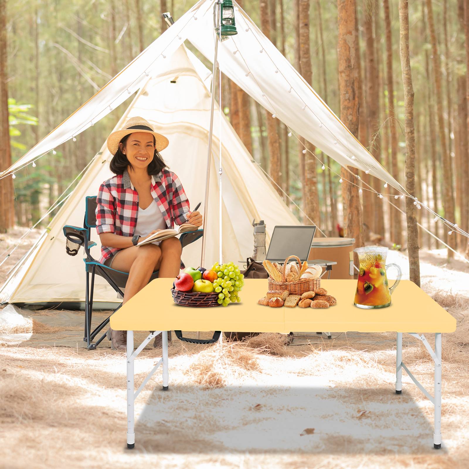 Table pliante 125cm poignée hauteur ajustable, multifonction camping intérieur extérieur charge 135kg jaune clair - Image 7