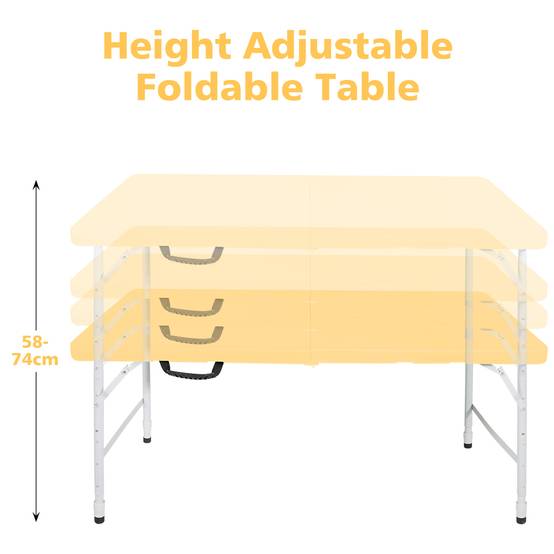 Table pliante 125cm poignée hauteur ajustable, multifonction camping intérieur extérieur charge 135kg jaune clair - Image 3
