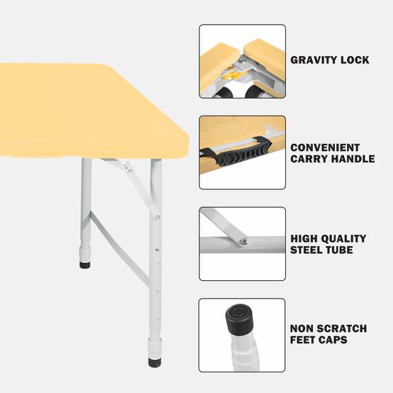 Table pliante 125cm poignée hauteur ajustable, multifonction camping intérieur extérieur charge 135kg jaune clair - Image 2